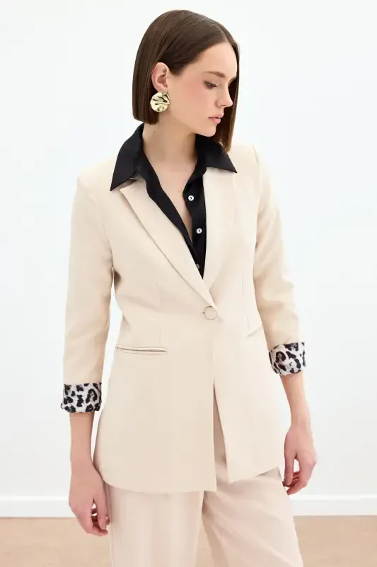 Моно Классическая куртка с воротником - Бежевый-БЕЖ - SATEEN