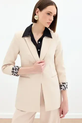 Моно Классическая куртка с воротником - Бежевый-БЕЖ - SATEEN (1)