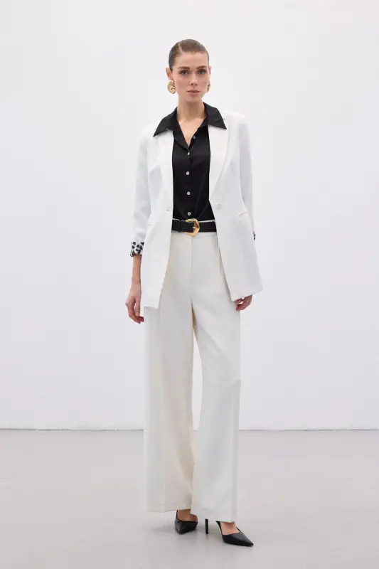 Mono Yaka Klasik Ceket - Ekru-Siyah-Ekru - 5