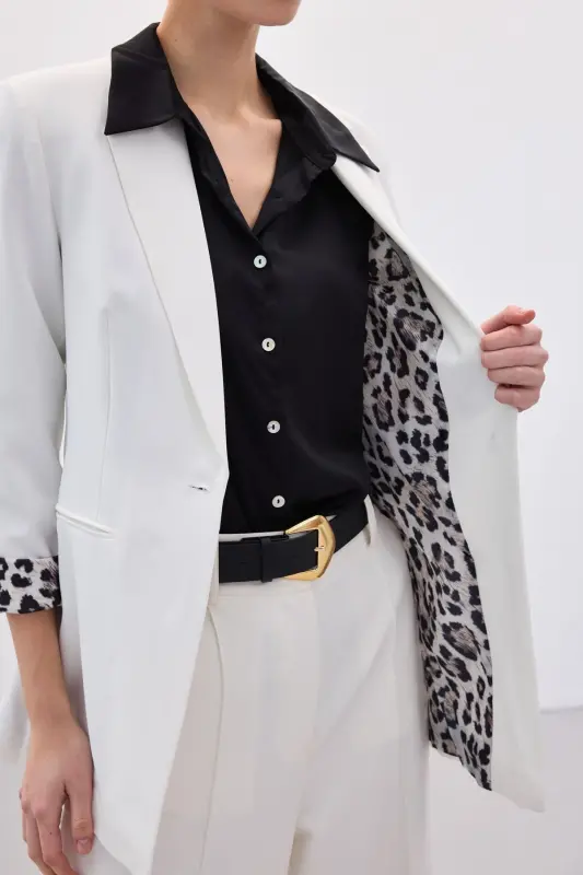 Mono Yaka Klasik Ceket - Ekru-Siyah-Ekru - 7