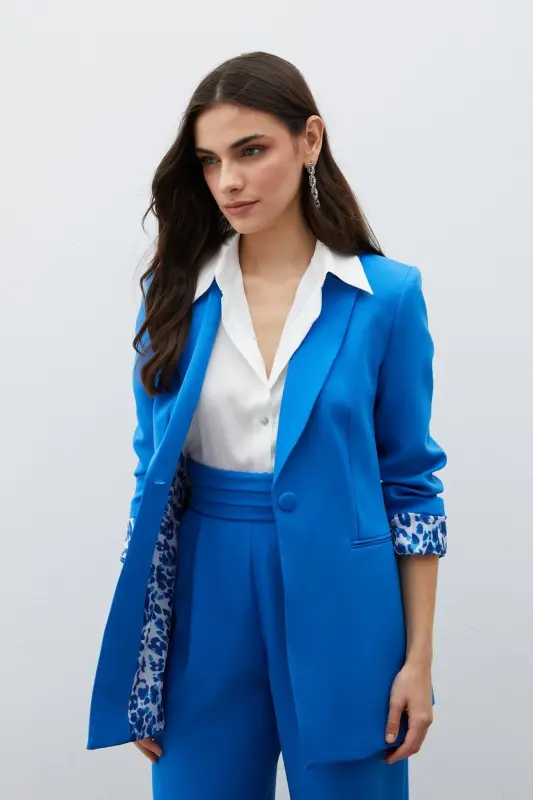 Mono Yaka Klasik Ceket - Indigo-İNDİGO - SATEEN