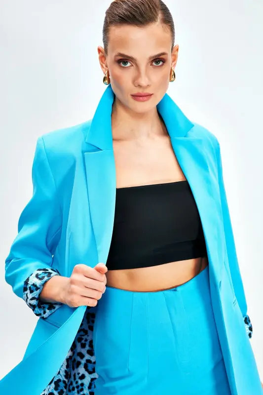 Mono Yaka Klasik Ceket - Mavi-MAVİ - SATEEN