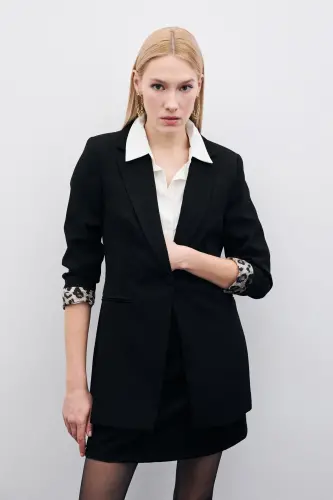 Mono Yaka Klasik Ceket - Qora-QORA - SATEEN (1)