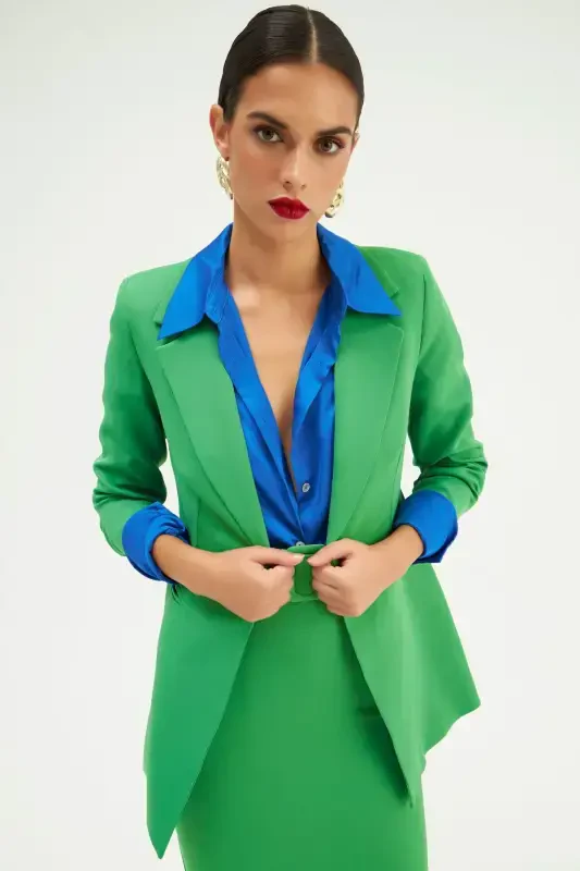 Mono Yaka Klasik Ceket - Yeşil-YEŞİL - SATEEN