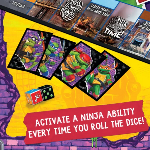 Monopoly Teenage Mutant Ninja Turtles: Mutant Mayhem nashri, 8 yoshdan katta bolalar uchun stol o'yini. - 8