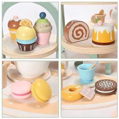MONT PLEASANT 23pcs Wooden Tea Set for Little Girls, Toddler Tea Set Wooden Toys Play Kitchen Accessories with Cupcake Stand and Tray, Kids Tea Party Set Pretend Play Food Birthday Gift Playset - 4