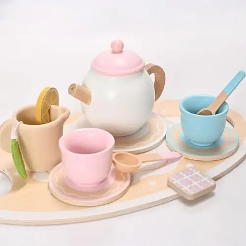 MONT PLEASANT 23pcs Wooden Tea Set for Little Girls, Toddler Tea Set Wooden Toys Play Kitchen Accessories with Cupcake Stand and Tray, Kids Tea Party Set Pretend Play Food Birthday Gift Playset - 5