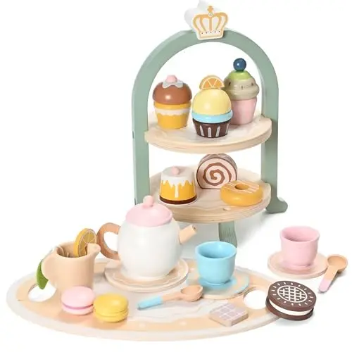 MONT PLEASANT 23pcs Wooden Tea Set for Little Girls, Toddler Tea Set Wooden Toys Play Kitchen Accessories with Cupcake Stand and Tray, Kids Tea Party Set Pretend Play Food Birthday Gift Playset - 6