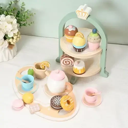 MONT PLEASANT 23pcs Wooden Tea Set for Little Girls, Toddler Tea Set Wooden Toys Play Kitchen Accessories with Cupcake Stand and Tray, Kids Tea Party Set Pretend Play Food Birthday Gift Playset - 2