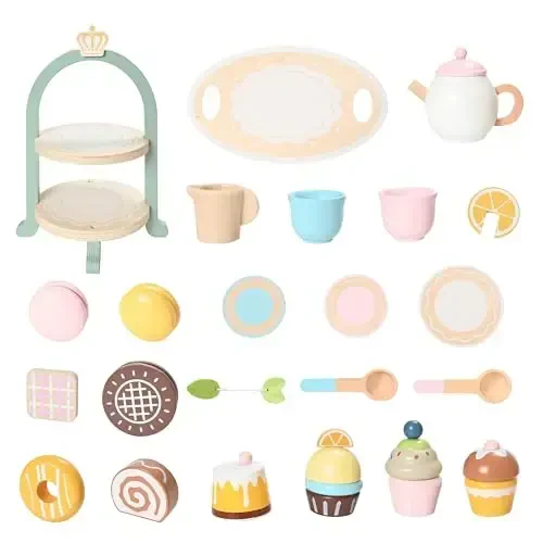 MONT PLEASANT 23pcs Wooden Tea Set for Little Girls, Toddler Tea Set Wooden Toys Play Kitchen Accessories with Cupcake Stand and Tray, Kids Tea Party Set Pretend Play Food Birthday Gift Playset - 7