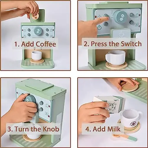 MONT PLEASANT Kids Wooden Toys Toddler Pretend Play Kitchen Accessories Green Coffee Maker Espresso Machine Playset Montessori Kitchen Toy Gift for Girls and Boys - 3