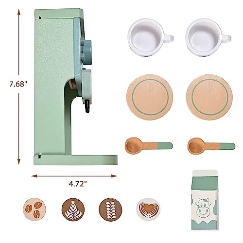 MONT PLEASANT Kids Wooden Toys Toddler Pretend Play Kitchen Accessories Green Coffee Maker Espresso Machine Playset Montessori Kitchen Toy Gift for Girls and Boys - 30