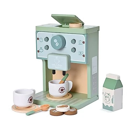 MONT PLEASANT Kids Wooden Toys Toddler Pretend Play Kitchen Accessories Green Coffee Maker Espresso Machine Playset Montessori Kitchen Toy Gift for Girls and Boys - 15