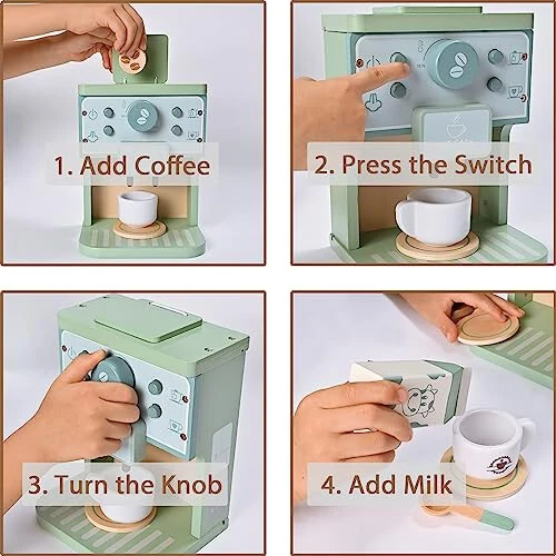 MONT PLEASANT Kids Wooden Toys Toddler Pretend Play Kitchen Accessories Green Coffee Maker Espresso Machine Playset Montessori Kitchen Toy Gift for Girls and Boys - 17