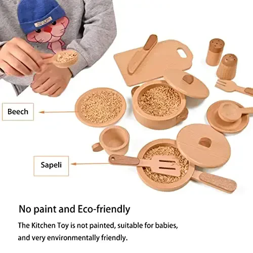 MONT PLEASANT Play Kitchen Accessories Montessori Wooden Toys Kids Kitchen Set Cookware Plates Dishes Pots Pans Cooking Playset 15 Pieces Sensory Toys for Toddlers Girls Boys With Storage Bag - 3