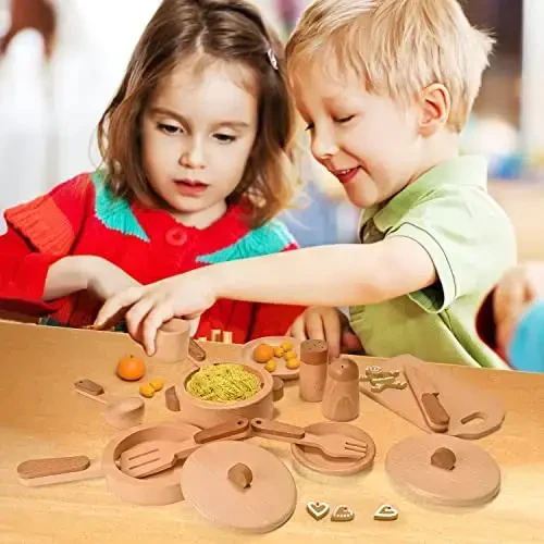 MONT PLEASANT Play Kitchen Accessories Montessori Wooden Toys Kids Kitchen Set Cookware Plates Dishes Pots Pans Cooking Playset 15 Pieces Sensory Toys for Toddlers Girls Boys With Storage Bag - 5