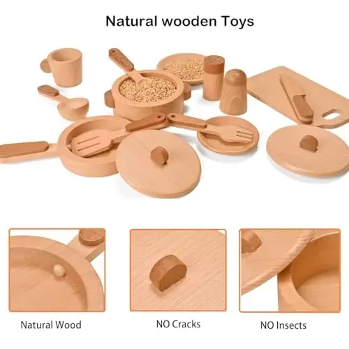 MONT PLEASANT Play Kitchen Accessories Montessori Wooden Toys Kids Kitchen Set Cookware Plates Dishes Pots Pans Cooking Playset 15 Pieces Sensory Toys for Toddlers Girls Boys With Storage Bag - 4