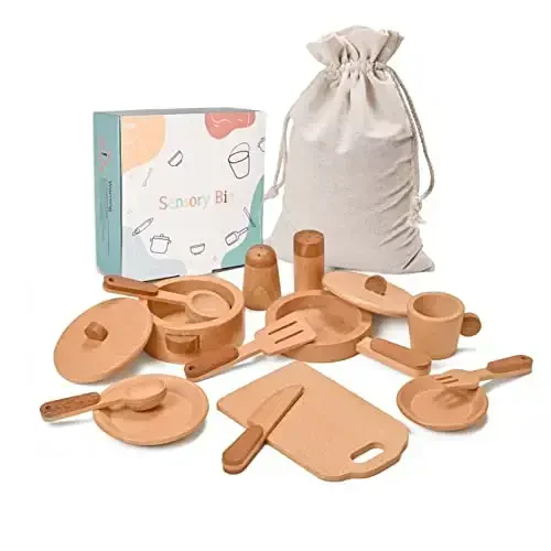 MONT PLEASANT Play Kitchen Accessories Montessori Wooden Toys Kids Kitchen Set Cookware Plates Dishes Pots Pans Cooking Playset 15 Pieces Sensory Toys for Toddlers Girls Boys With Storage Bag - MONT