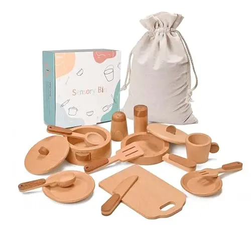 MONT PLEASANT Play Kitchen Accessories Montessori Wooden Toys Kids Kitchen Set Cookware Plates Dishes Pots Pans Cooking Playset 15 Pieces Sensory Toys for Toddlers Girls Boys With Storage Bag - 1