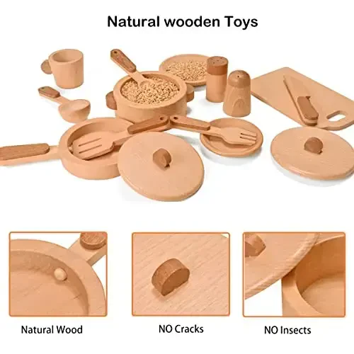 MONT PLEASANT Play Kitchen Accessories Montessori Wooden Toys Kids Kitchen Set Cookware Plates Dishes Pots Pans Cooking Playset 15 Pieces Sensory Toys for Toddlers Girls Boys With Storage Bag - 4