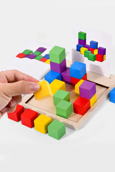 Montessori 3 Boyutlu Zeka Geliştrici Küp Dizme Ahşap Eğitici Oyuncak-Renkli Küp Ahşap Puzzle Bloklar - 1