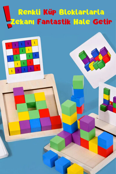 Montessori 3 Boyutlu Zeka Geliştrici Küp Dizme Ahşap Eğitici Oyuncak-Renkli Küp Ahşap Puzzle Bloklar - 2