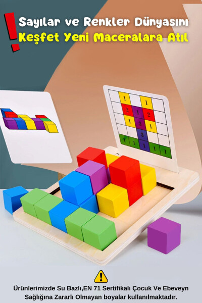 Montessori 3 Boyutlu Zeka Geliştrici Küp Dizme Ahşap Eğitici Oyuncak-Renkli Küp Ahşap Puzzle Bloklar - 3