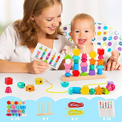 Montessori Wooden Beads Sequencing Toy Set, Stacking Blocks & Lacing Beads & Matching Shape Stacker for 2 3 4 5 Year Old STEM Preschool Learning Montessori Toys Gifts for Kids Boy Girl Toddler - 32