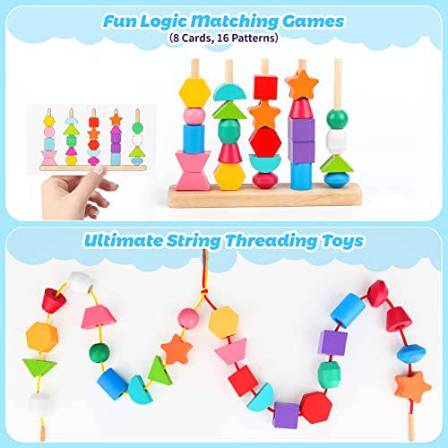 Montessori Wooden Beads Sequencing Toy Set, Stacking Blocks & Lacing Beads & Matching Shape Stacker for 2 3 4 5 Year Old STEM Preschool Learning Montessori Toys Gifts for Kids Boy Girl Toddler - 34