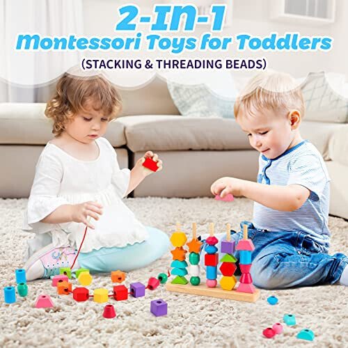 Montessori Wooden Beads Sequencing Toy Set, Stacking Blocks & Lacing Beads & Matching Shape Stacker for 2 3 4 5 Year Old STEM Preschool Learning Montessori Toys Gifts for Kids Boy Girl Toddler - 9