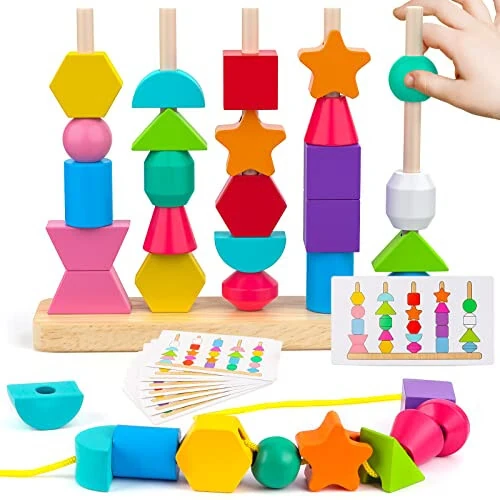 Montessori Wooden Beads Sequencing Toy Set, Stacking Blocks & Lacing Beads & Matching Shape Stacker for 2 3 4 5 Year Old STEM Preschool Learning Montessori Toys Gifts for Kids Boy Girl Toddler - Montessori
