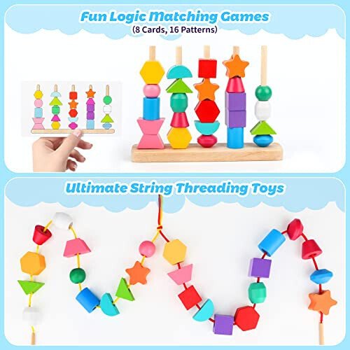 Montessori Wooden Beads Sequencing Toy Set, Stacking Blocks & Lacing Beads & Matching Shape Stacker for 2 3 4 5 Year Old STEM Preschool Learning Montessori Toys Gifts for Kids Boy Girl Toddler - 4
