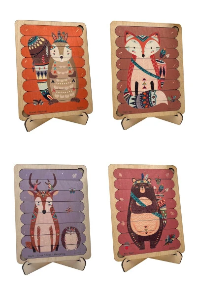 Montessori Educational Wooden Puzzle Economic Toy Set 4 Different Puzzles Fox, Rabbit, Bear, Deer 35 pieces - 3