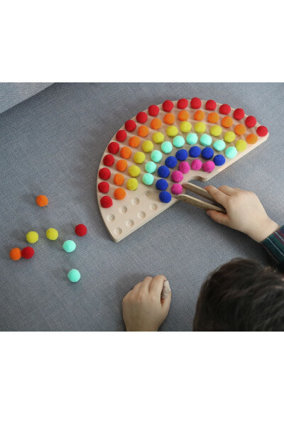 Montessori Educational Wooden Toy - Wooden Rainbow and Colorful Felt Balls - 4