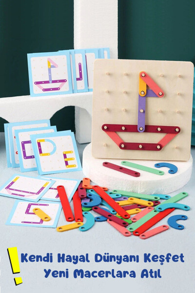 Montessori Geometri Tahtası Ahşap Eğitici Oyuncak - 3d Zeka Geliştirici Renkli Ahşap Puzzle Bloklar - 2