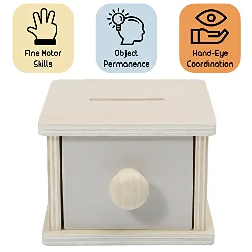 Montessori Coin Box, Montessori Toys for 1 Year Old Toddler Coins, Baby Wooden Toy Ball Infant Drawer Drop, 1+ Baby Essentials Object Permanence Learning - 3