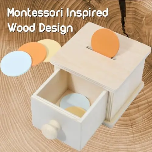 Montessori Coin Box, Montessori Toys for 1 Year Old Toddler Coins, Baby Wooden Toy Ball Infant Drawer Drop, 1+ Baby Essentials Object Permanence Learning - 5