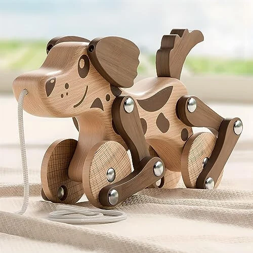 Montessori Toys 1 2 3 4 Years Old Boys Girls Wooden Walking Pull Dog Toy for Baby Toddler, Pull Along Walking Toys, Walk Along Puppy Pull, Wooden Pull & Push Toy - Montessori