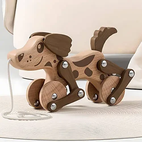 Montessori Toys 1 2 3 4 Years Old Boys Girls Wooden Walking Pull Dog Toy for Baby Toddler, Pull Along Walking Toys, Walk Along Puppy Pull, Wooden Pull & Push Toy - 2