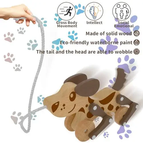 Montessori Toys 1 2 3 4 Years Old Boys Girls Wooden Walking Pull Dog Toy for Baby Toddler, Pull Along Walking Toys, Walk Along Puppy Pull, Wooden Pull & Push Toy - 3