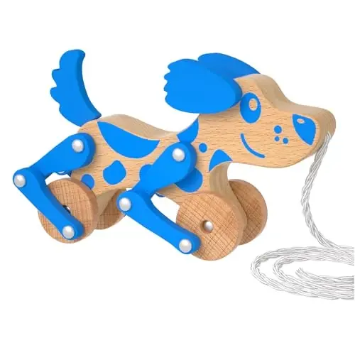 Montessori Toys 1 2 3 4 Years Old Boys Girls Wooden Walking Pull Dog Toy for Baby Toddler, Pull Along Walking Toys, Walk Along Puppy Pull, Wooden Pull & Push Toy (Blue) - 1