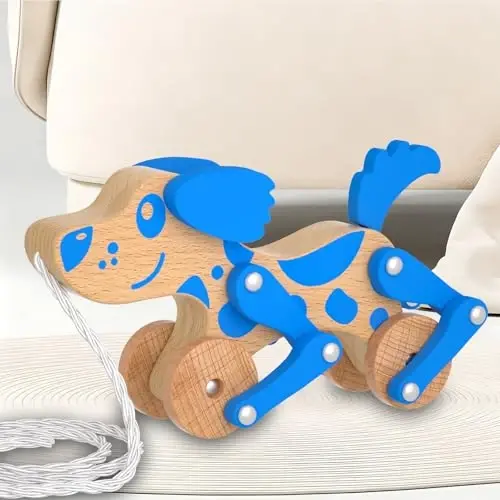 Montessori Toys 1 2 3 4 Years Old Boys Girls Wooden Walking Pull Dog Toy for Baby Toddler, Pull Along Walking Toys, Walk Along Puppy Pull, Wooden Pull & Push Toy (Blue) - MONTESSORI (1)