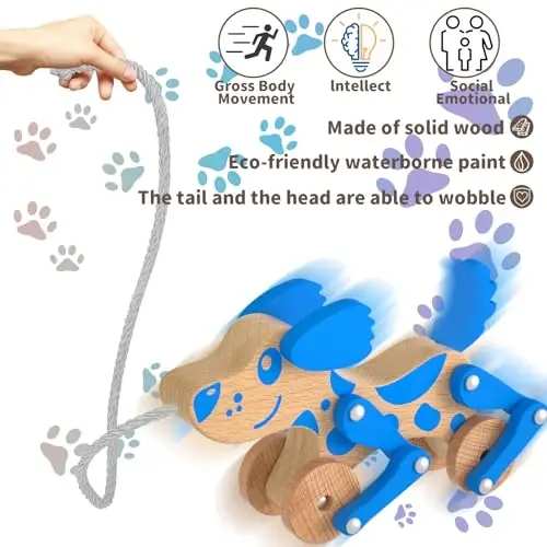 Montessori Toys 1 2 3 4 Years Old Boys Girls Wooden Walking Pull Dog Toy for Baby Toddler, Pull Along Walking Toys, Walk Along Puppy Pull, Wooden Pull & Push Toy (Blue) - 3