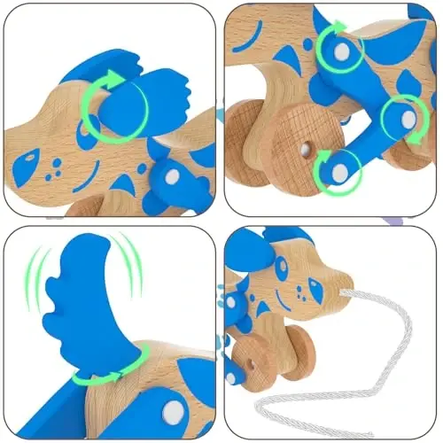 Montessori Toys 1 2 3 4 Years Old Boys Girls Wooden Walking Pull Dog Toy for Baby Toddler, Pull Along Walking Toys, Walk Along Puppy Pull, Wooden Pull & Push Toy (Blue) - 4