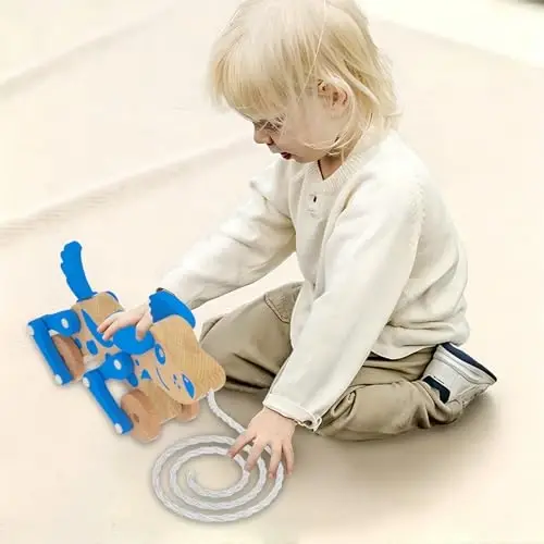 Montessori Toys 1 2 3 4 Years Old Boys Girls Wooden Walking Pull Dog Toy for Baby Toddler, Pull Along Walking Toys, Walk Along Puppy Pull, Wooden Pull & Push Toy (Blue) - 6