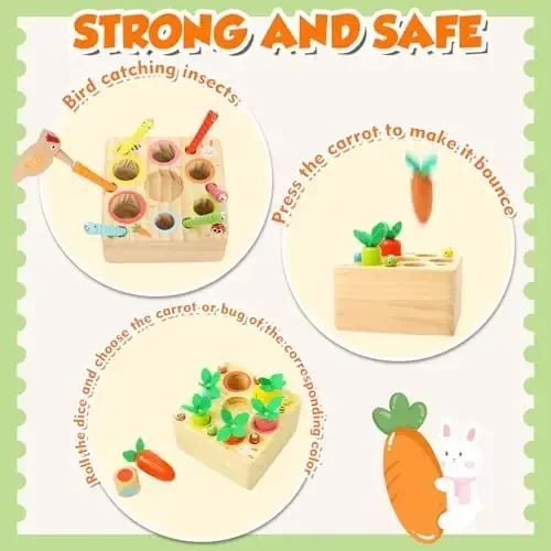 Montessori Toys for 1 Year Old, Wooden Toy for Baby 6-12 Months, Carrot Harvest Game for Kids, Shape Sorting Matching Puzzle, Educational Birthday for Boys and Girls(Pop Up Carrot) - 4