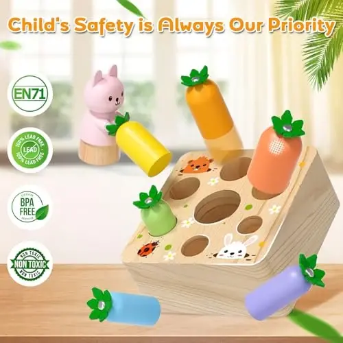 Montessori Toys for Baby 6-12 Months, Wooden Toy for 1 Year Old Boys and Girls, Magnetic Carrot Game for Toddlers, Shape Sorting Matching Puzzle, Educational Birthday (Bouncing Carrot) - 6