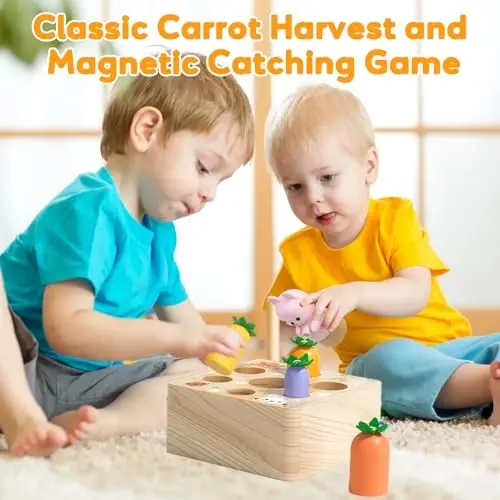 Montessori Toys for Baby 6-12 Months, Wooden Toy for 1 Year Old Boys and Girls, Magnetic Carrot Game for Toddlers, Shape Sorting Matching Puzzle, Educational Birthday (Bouncing Carrot) - MONTESSORI (1)