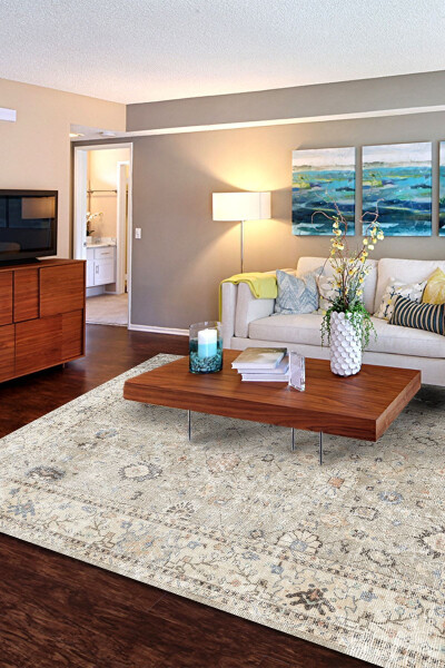 Monty Elite Vintage Patterned Cotton-Based Washable Non-Slip Antibacterial Chenille Living Room Rug - AIDA HOME (1)
