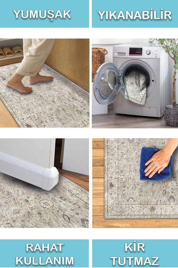 Monty Elite Vintage Patterned Cotton-Based Washable Non-Slip Antibacterial Chenille Living Room Rug - 4